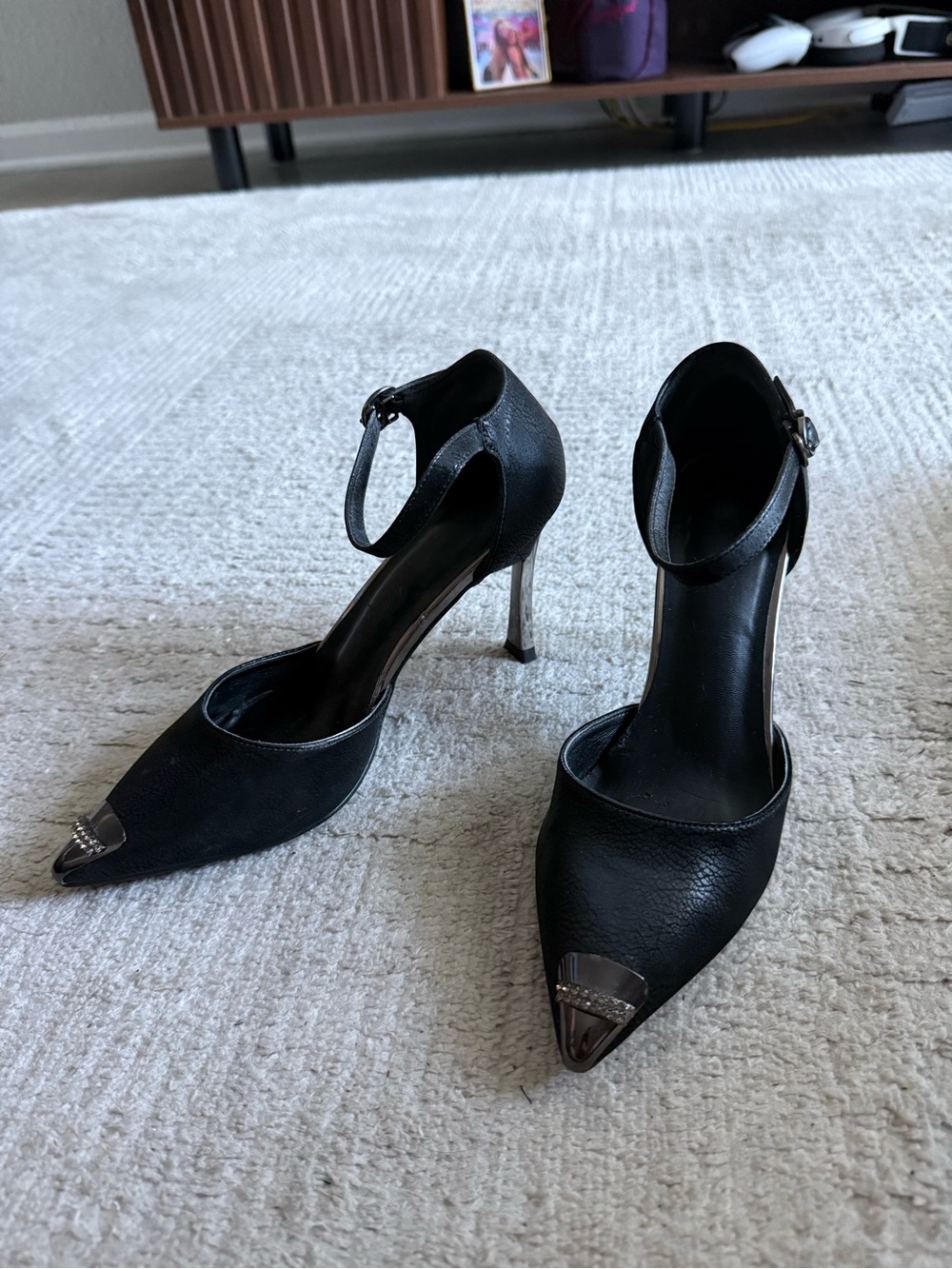 Black Ankle-Strap Pointed Toe Heels